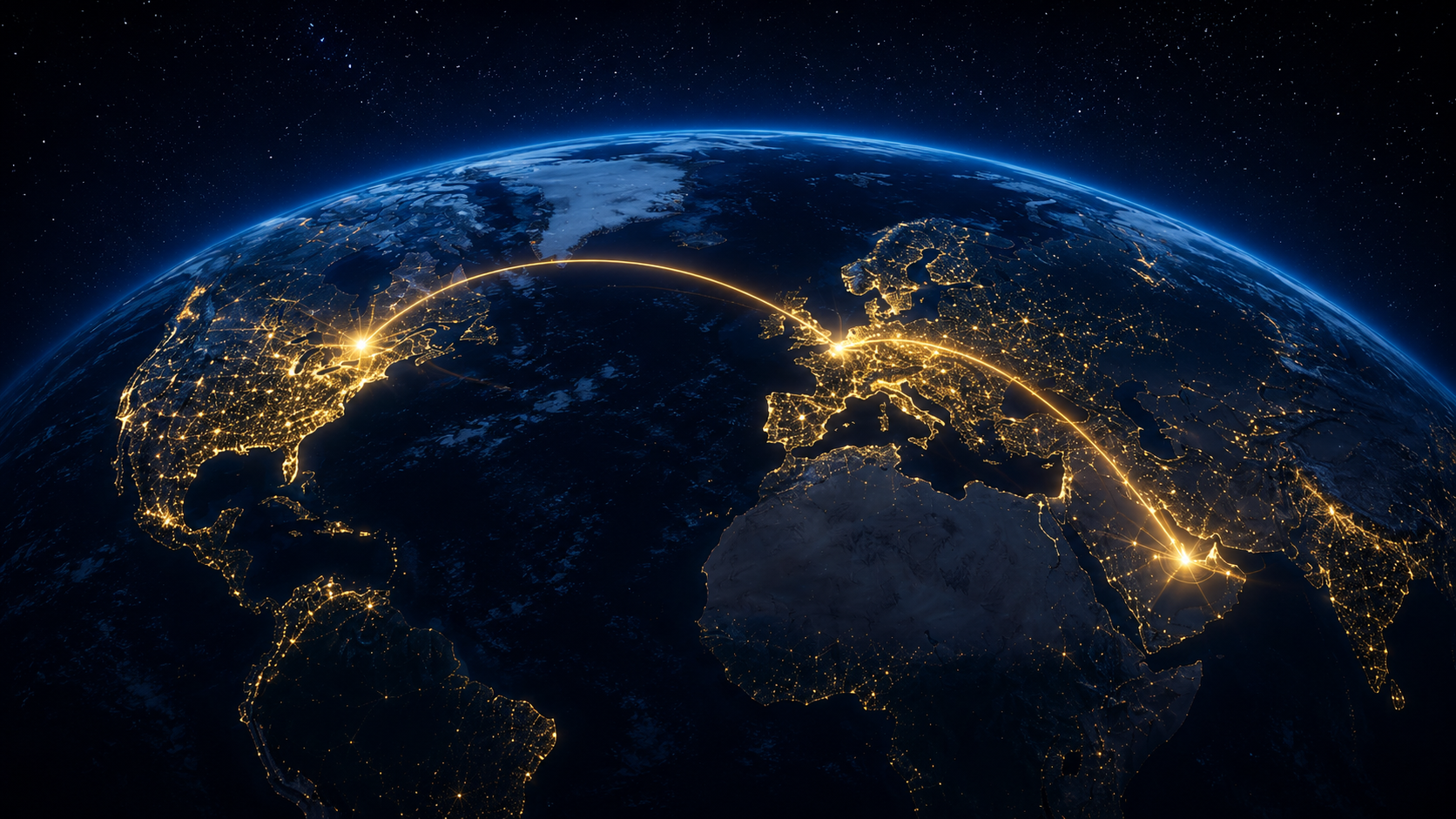 Global night map connecting Canada, Europe and the UAE